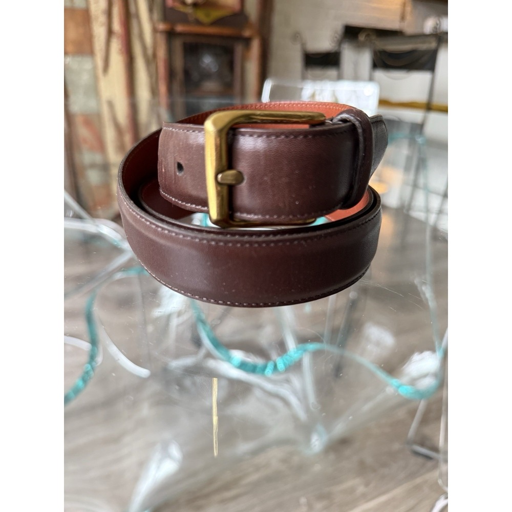 Coach Men's Brown Leather Belt Solid Brass Buckle 33" / 85cm Handmade USA